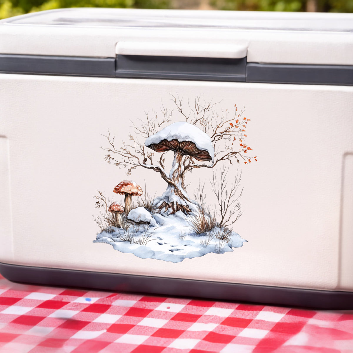 Whimsical Snowy Tree With Mushroom UV DTF sticker applied to a white cooler