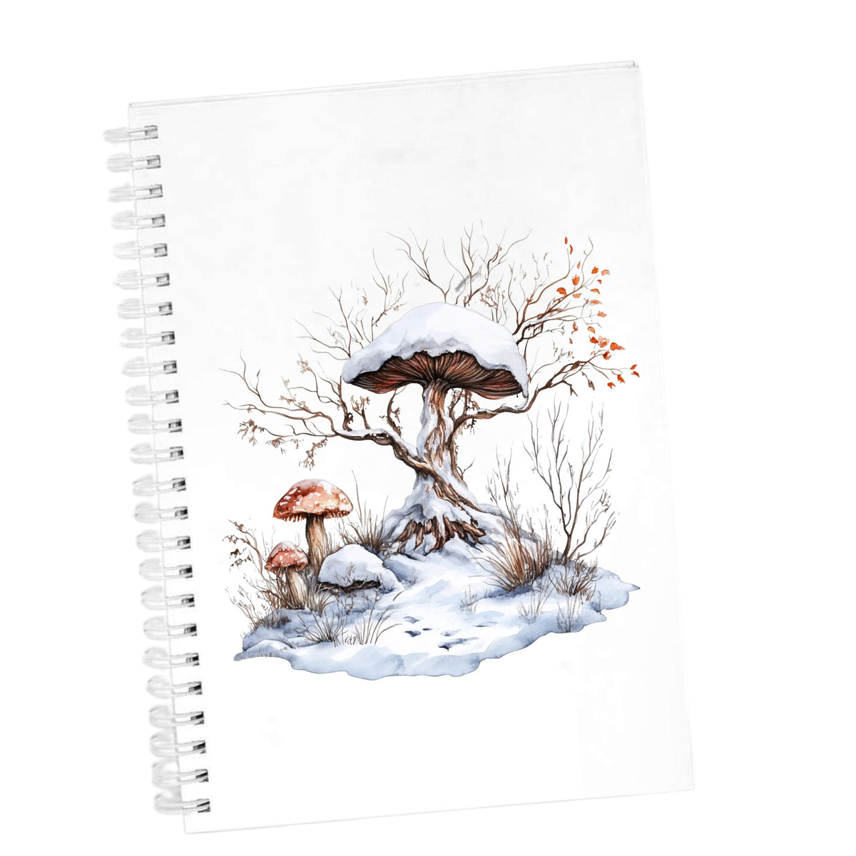 Whimsical Snowy Tree With Mushroom UV DTF sticker applied to a white journal