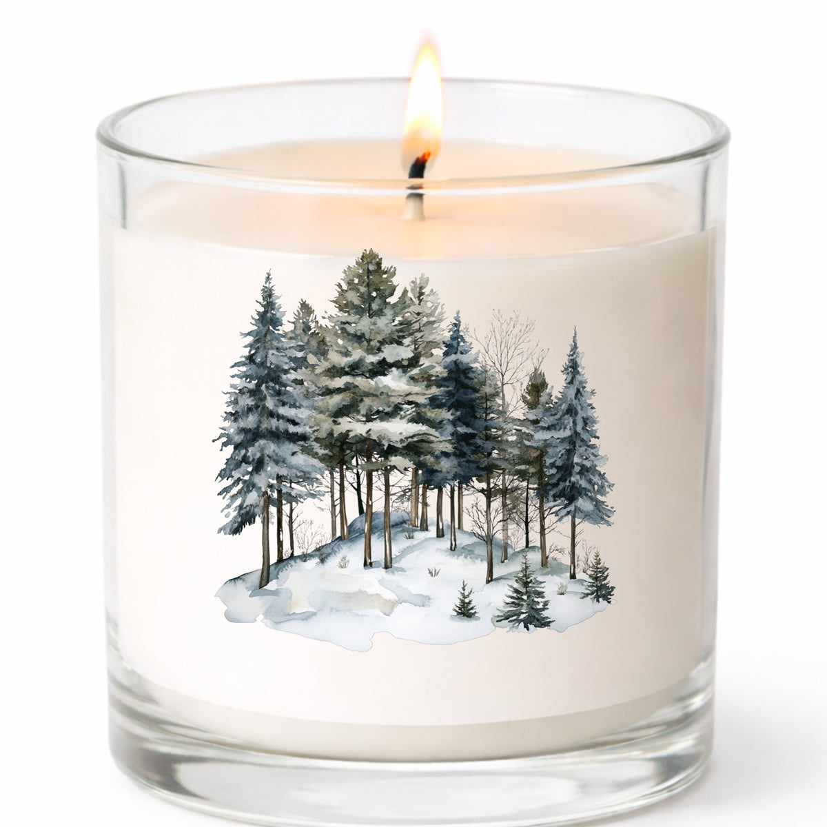 Snowy Pine Hillside UV DTF sticker applied to a candle jar