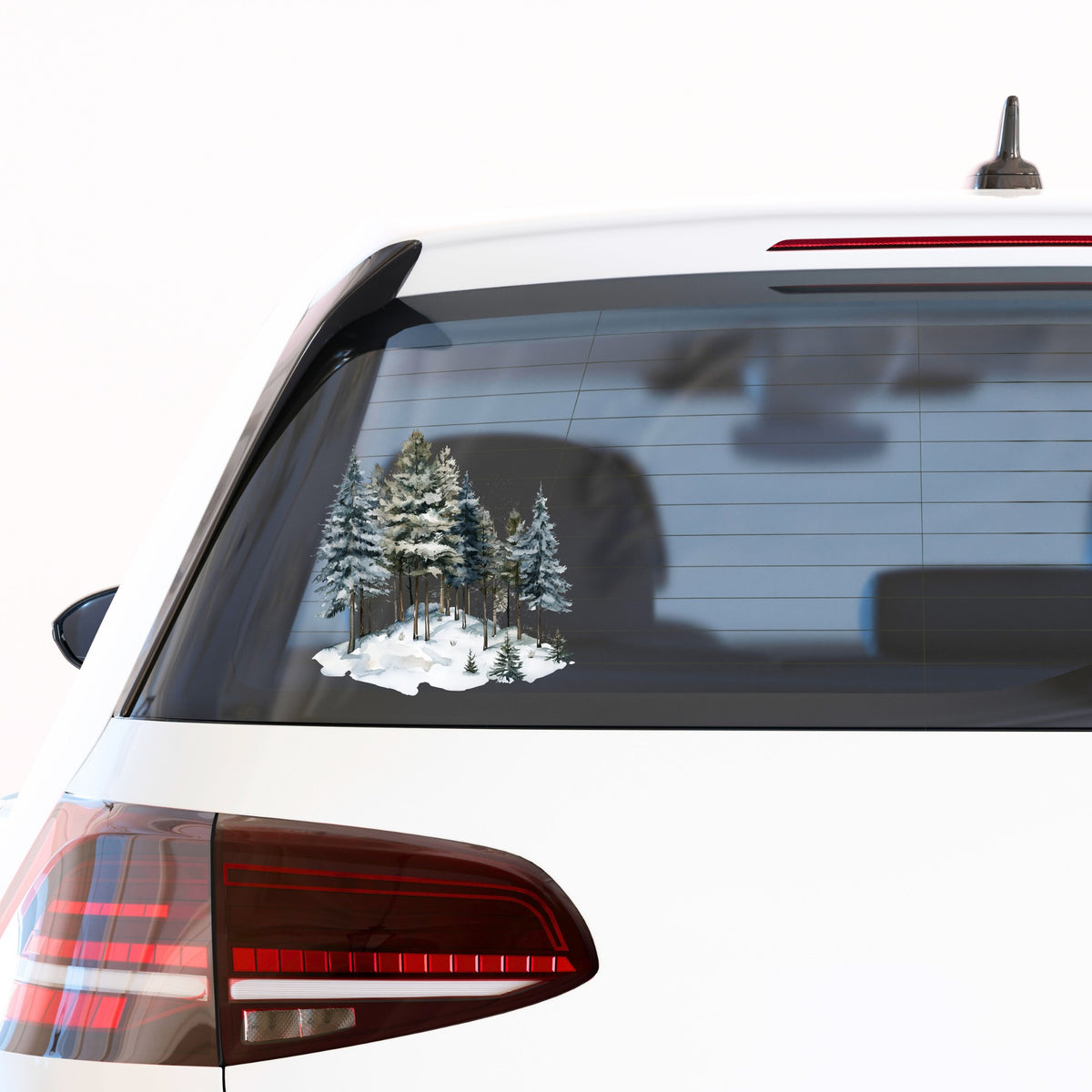 Snowy Pine Hillside UV DTF sticker applied to a car window