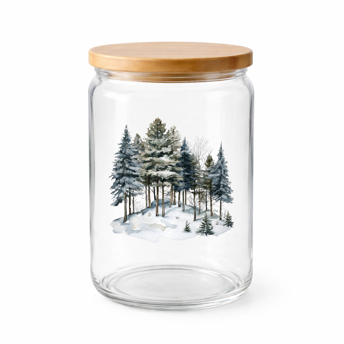 Snowy Pine Hillside UV DTF sticker applied to a clear glass jar with lid