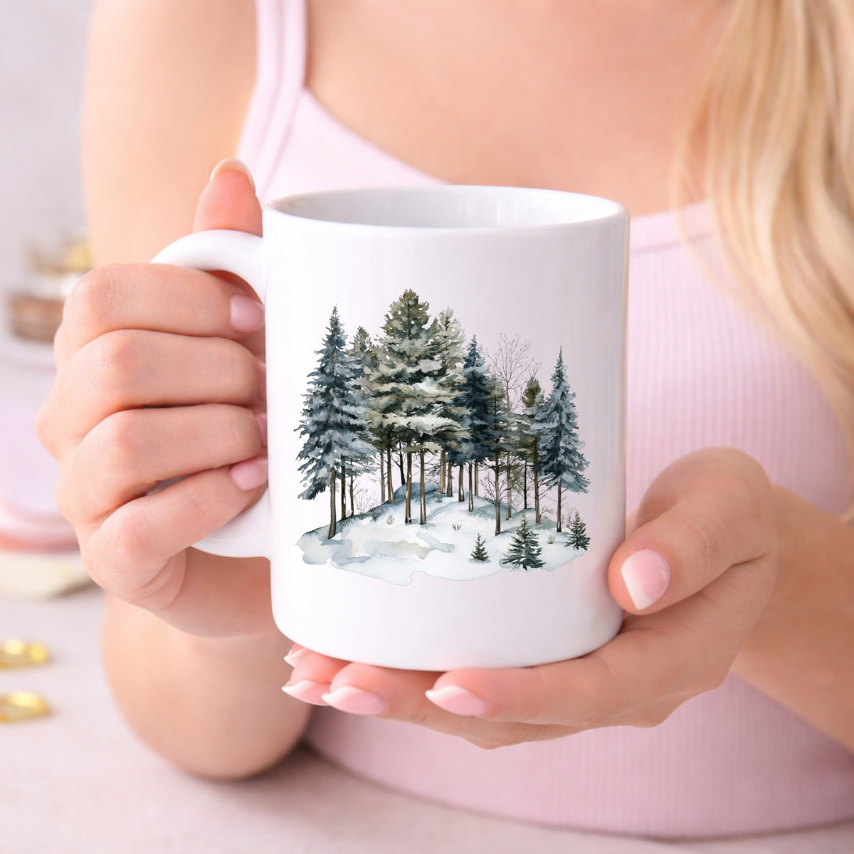 Snowy Pine Hillside UV DTF sticker displayed on a white coffee mug
