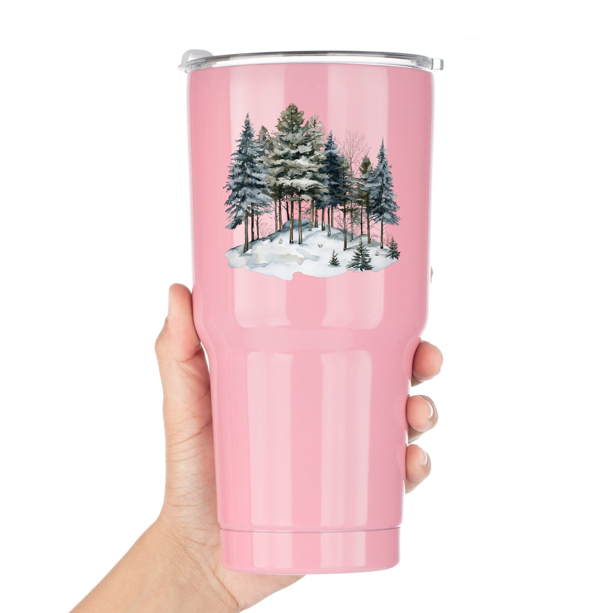 Snowy Pine Hillside UV DTF sticker applied to a pink tumbler