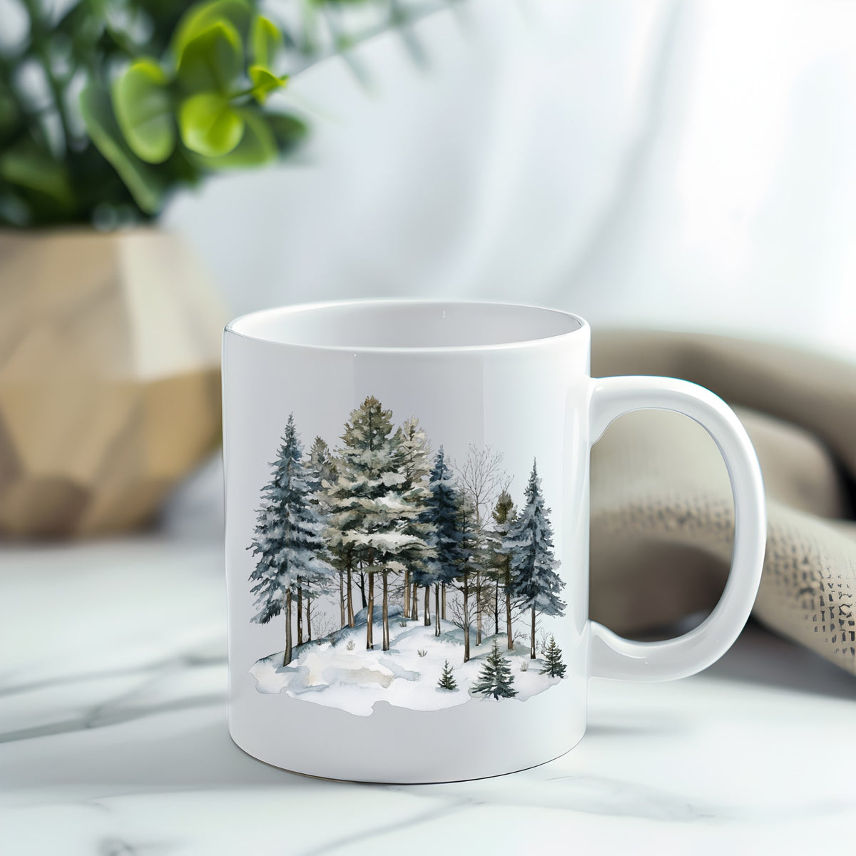 Snowy Pine Hillside UV DTF sticker applied to a white coffee mug