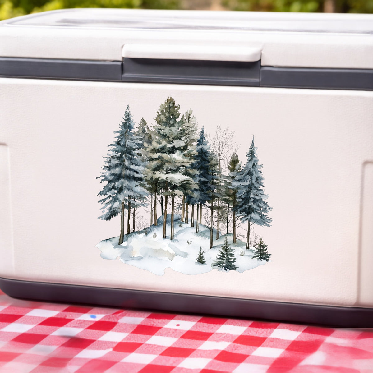 Snowy Pine Hillside UV DTF sticker applied to a white cooler