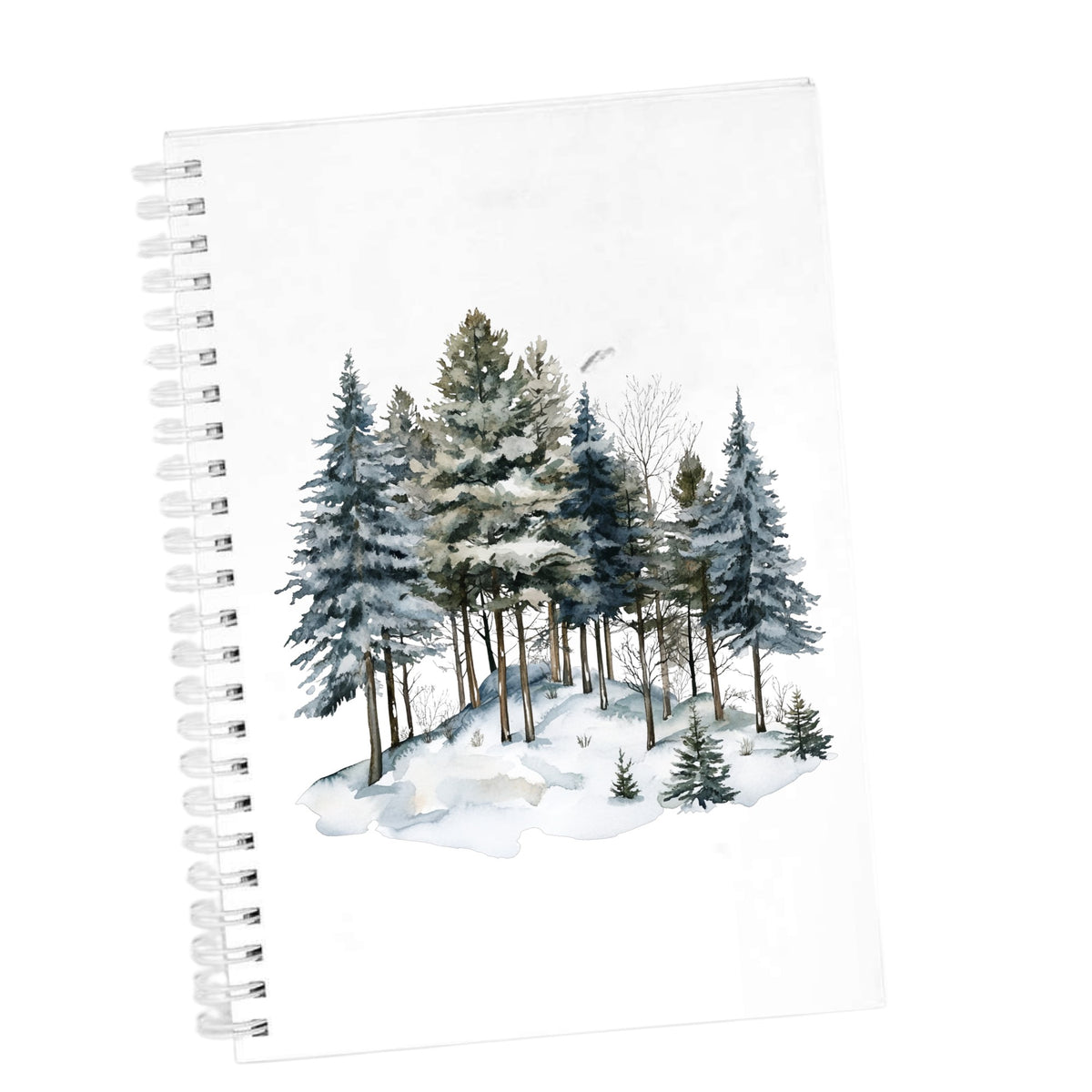 Snowy Pine Hillside UV DTF sticker applied to a white journal