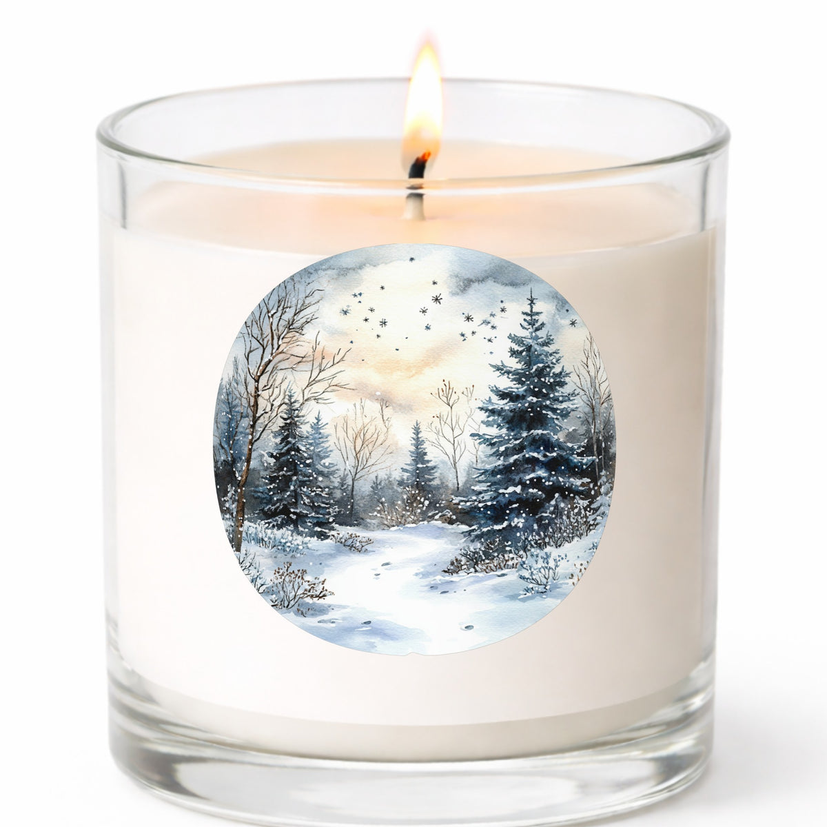 Starry Winter Night UV DTF sticker applied to a candle jar