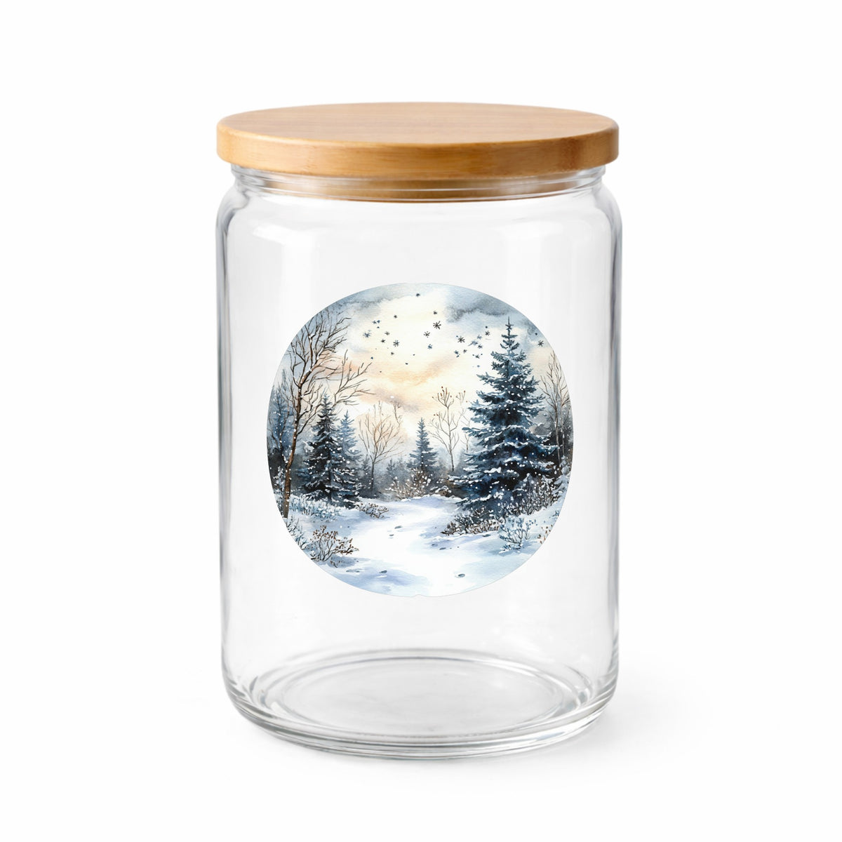 Starry Winter Night UV DTF sticker applied to a clear glass jar with lid