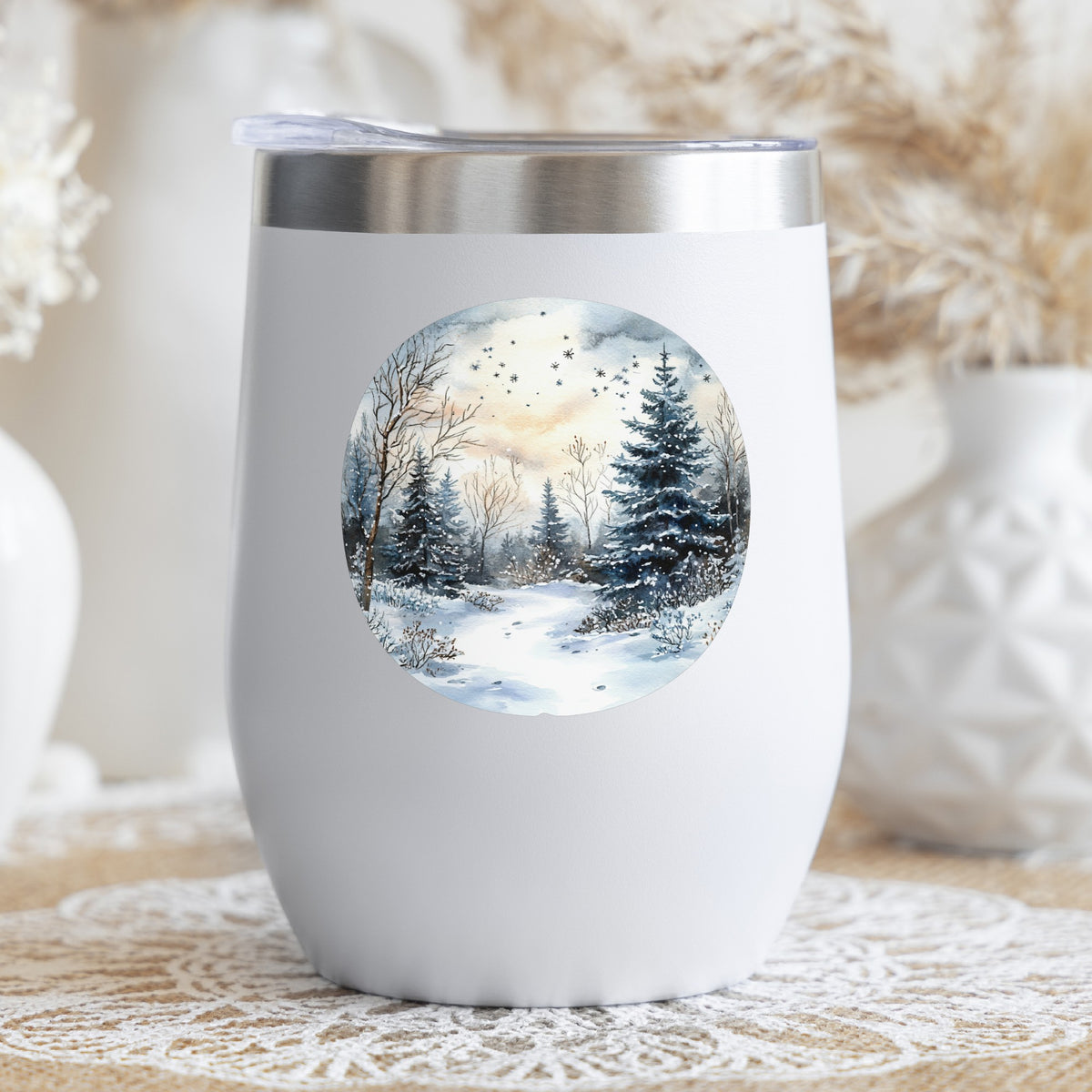 Starry Winter Night UV DTF sticker applied to a stemless wine glass