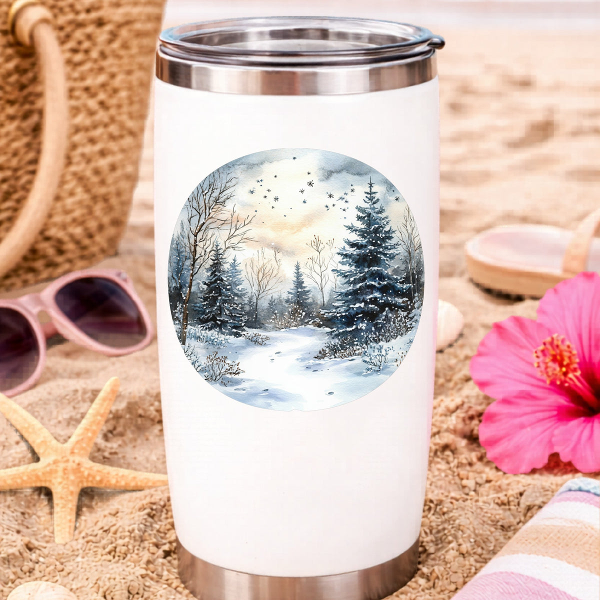 Starry Winter Night UV DTF sticker applied to a water bottle at the beach