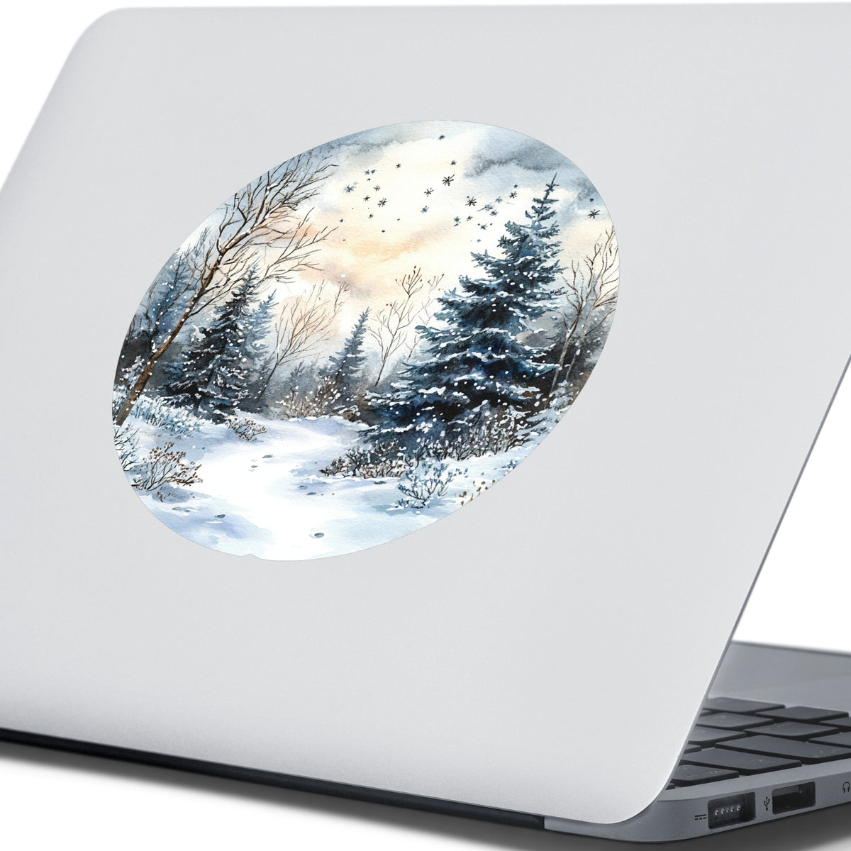 Starry Winter Night UV DTF sticker applied to a laptop