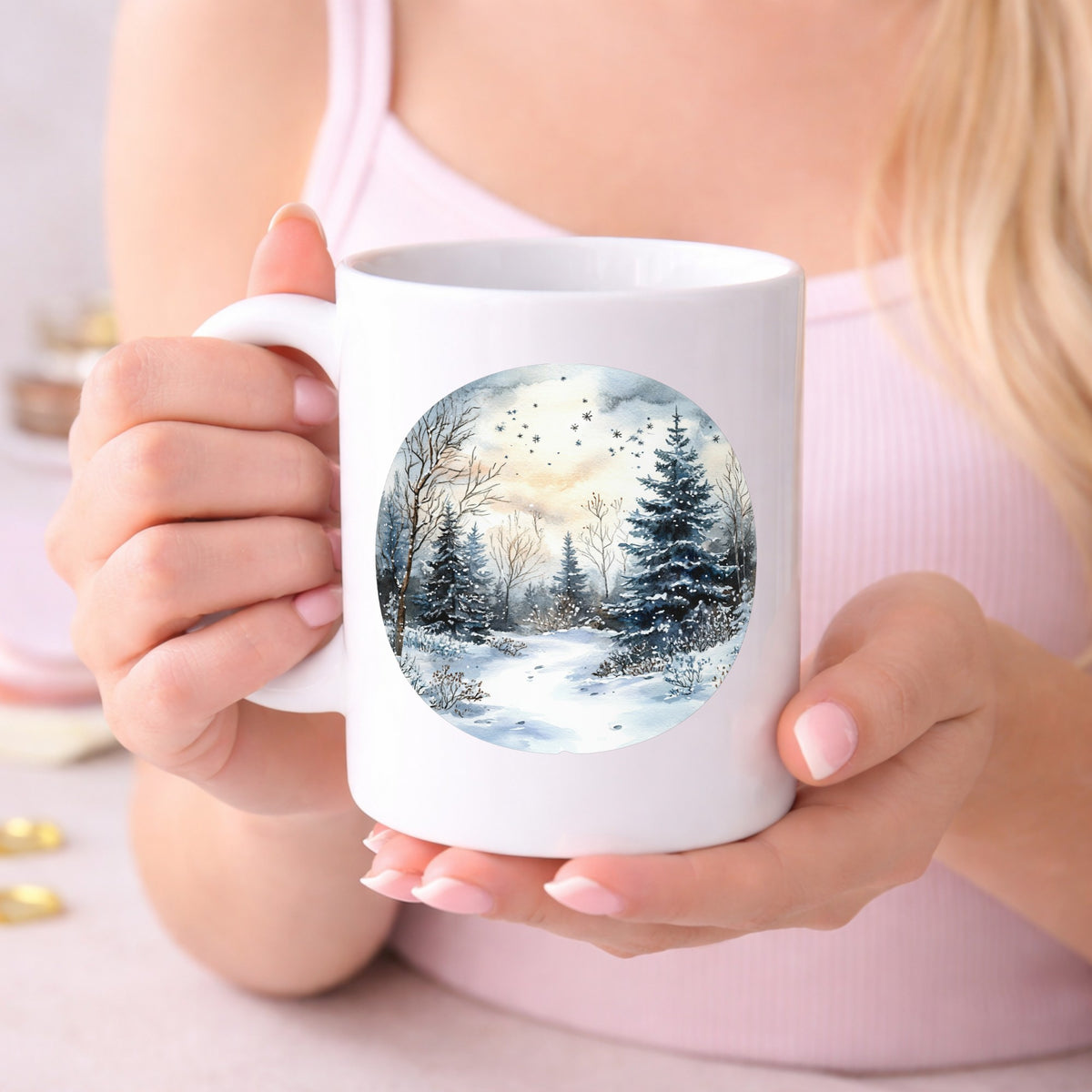 Starry Winter Night UV DTF sticker displayed on a white coffee mug