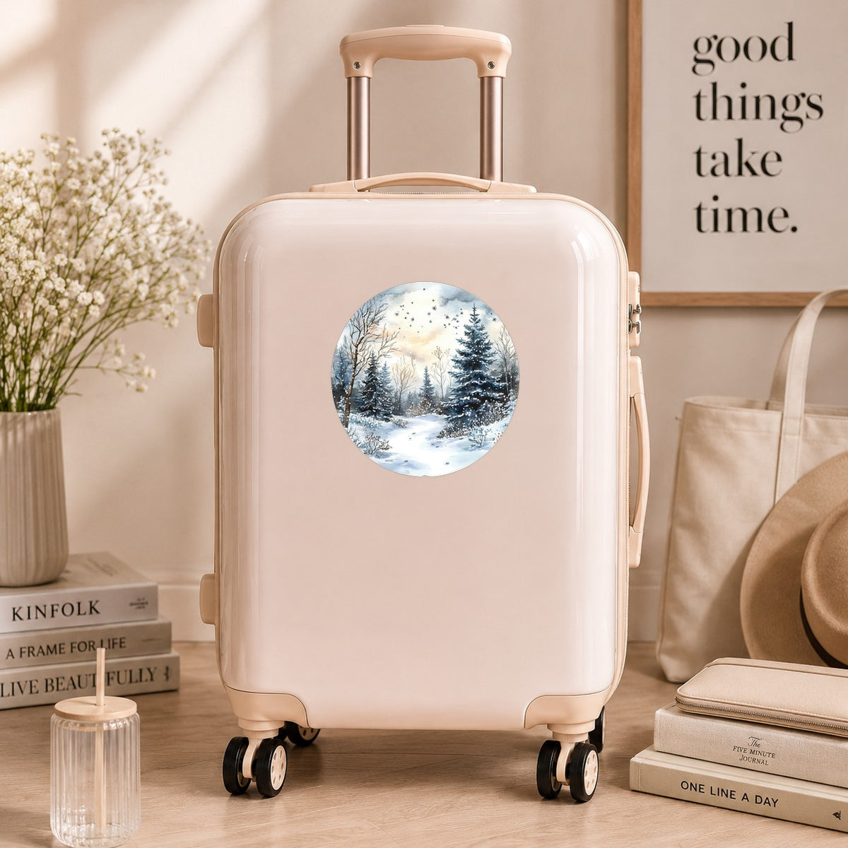Starry Winter Night UV DTF sticker applied to a neutral suitcase
