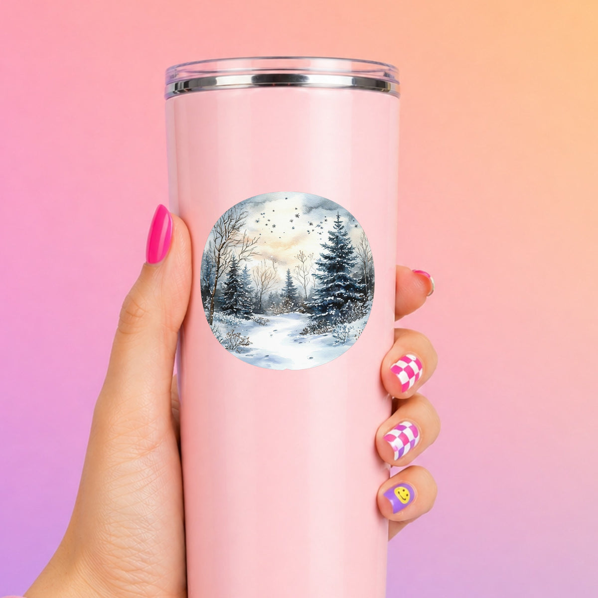 Starry Winter Night UV DTF sticker applied to a pink tumbler
