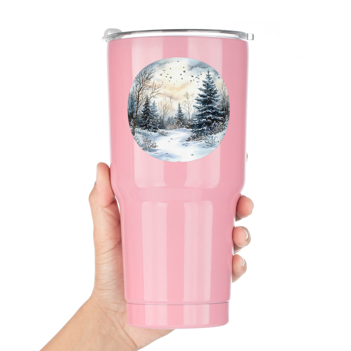 Starry Winter Night UV DTF sticker applied to a pink tumbler