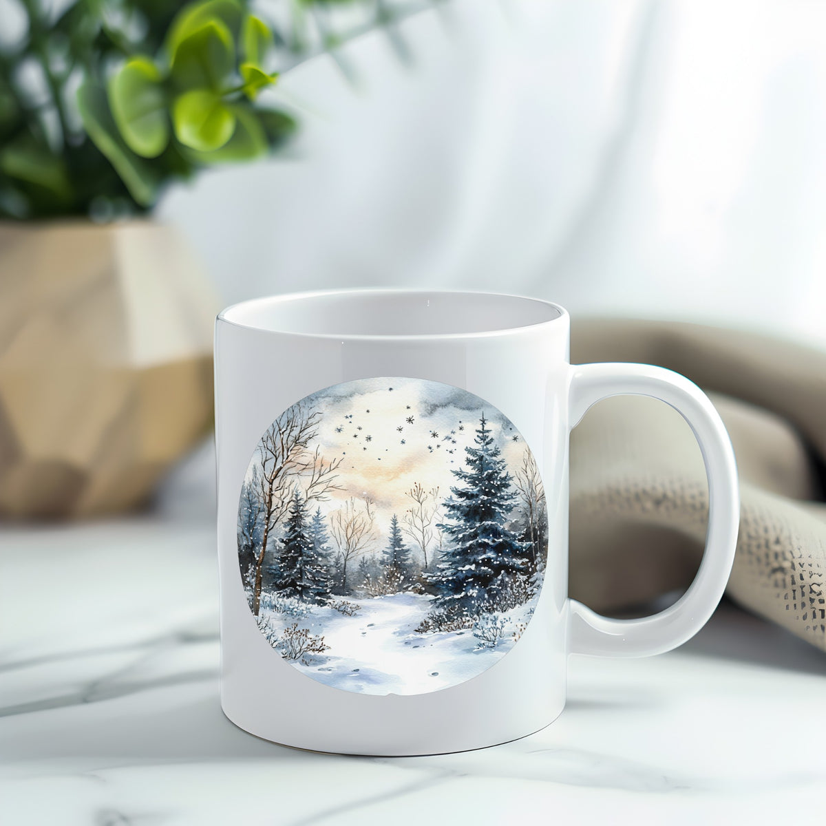 Starry Winter Night UV DTF sticker applied to a white coffee mug