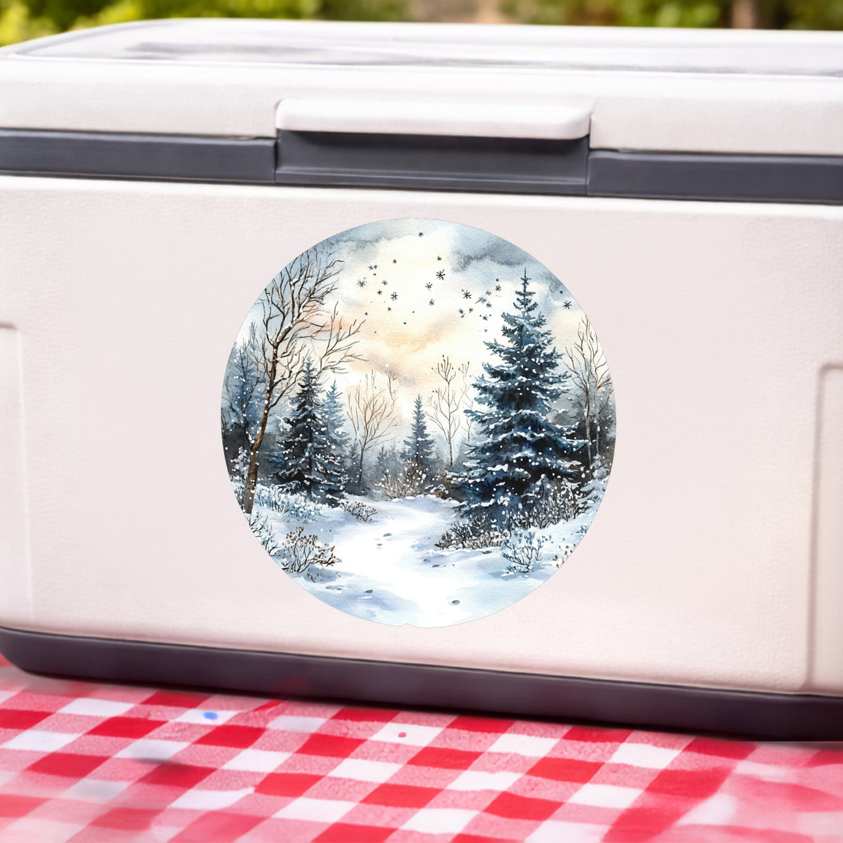 Starry Winter Night UV DTF sticker applied to a white cooler