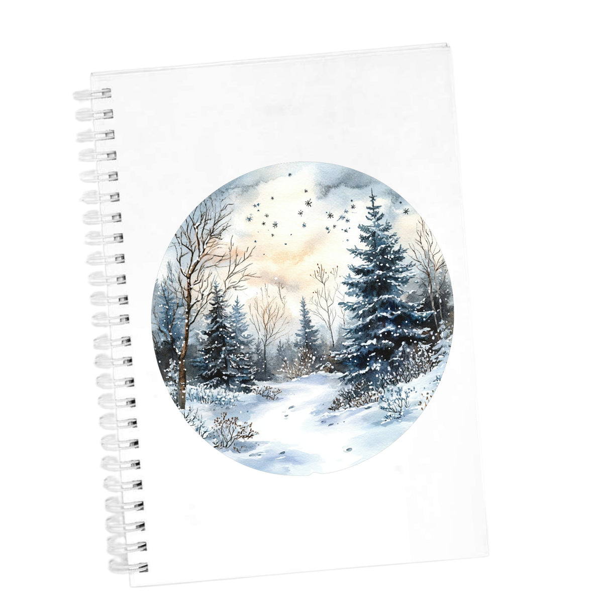 Starry Winter Night UV DTF sticker applied to a white journal