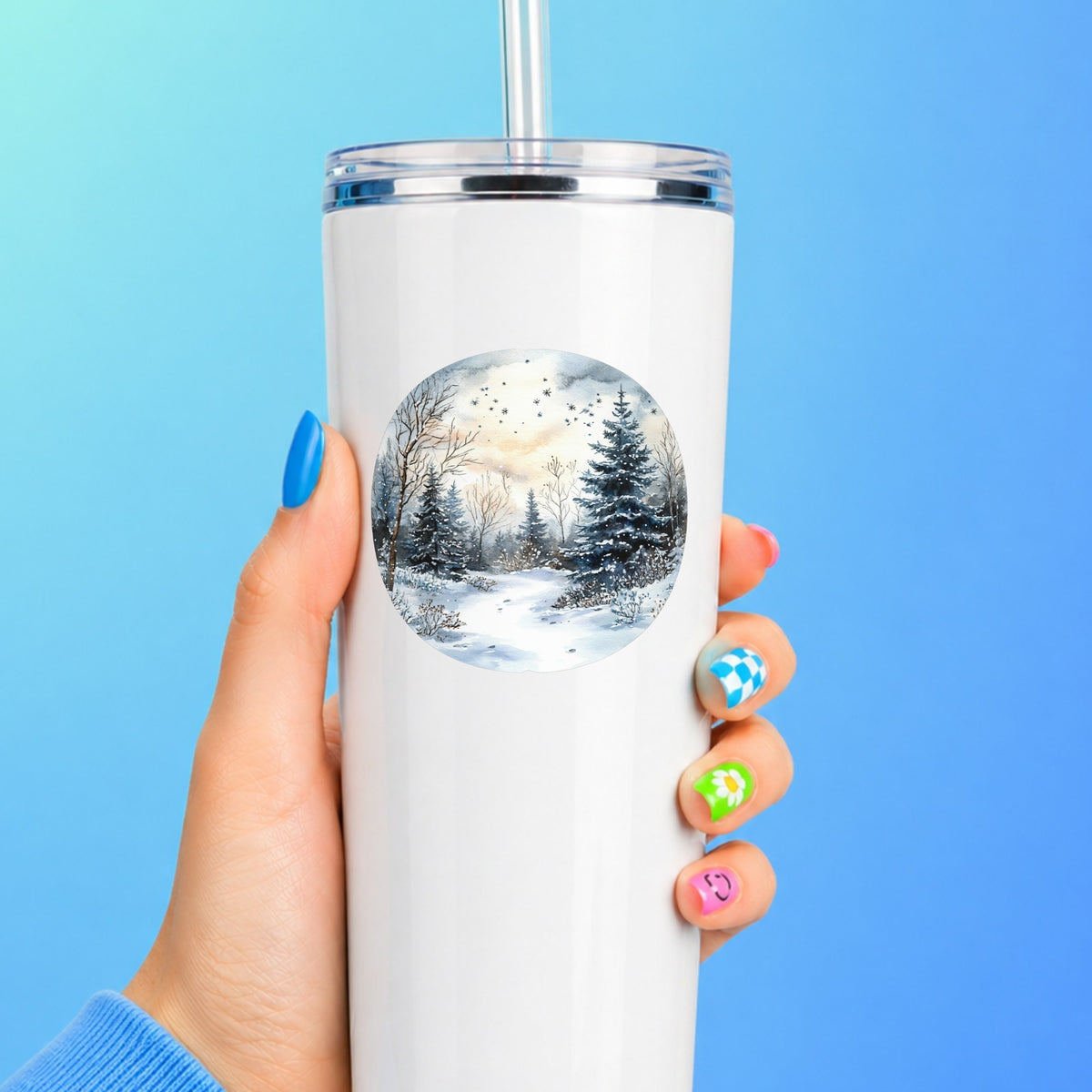 Starry Winter Night UV DTF sticker applied to a white tumbler