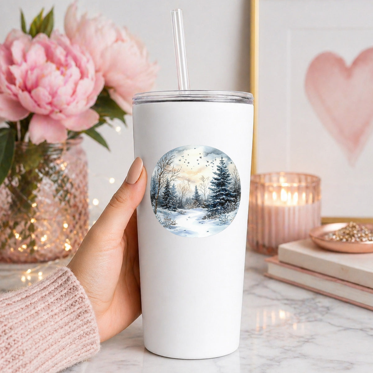 Starry Winter Night UV DTF sticker applied to a white tumbler