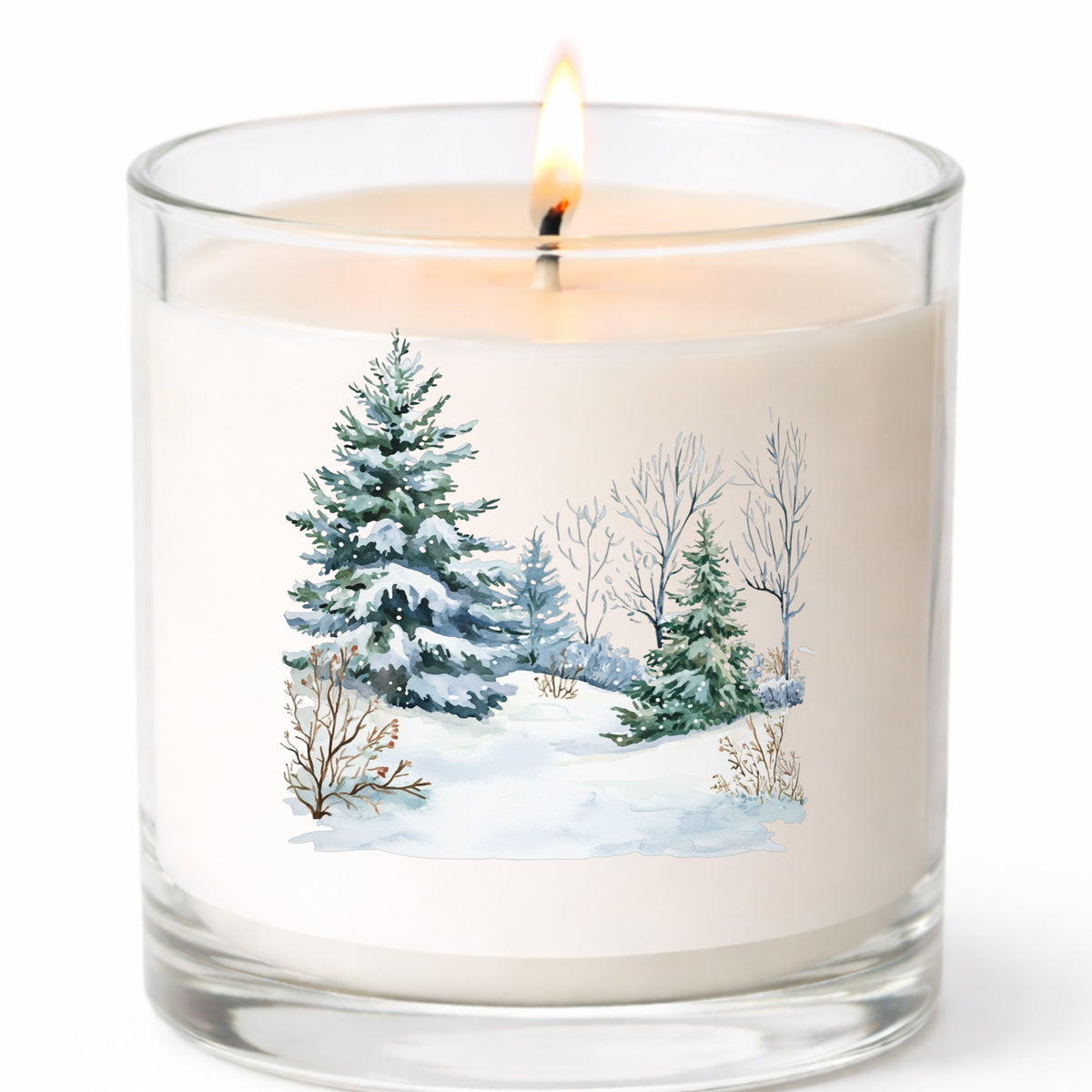 Winter Spruce Grove UV DTF sticker applied to a candle jar