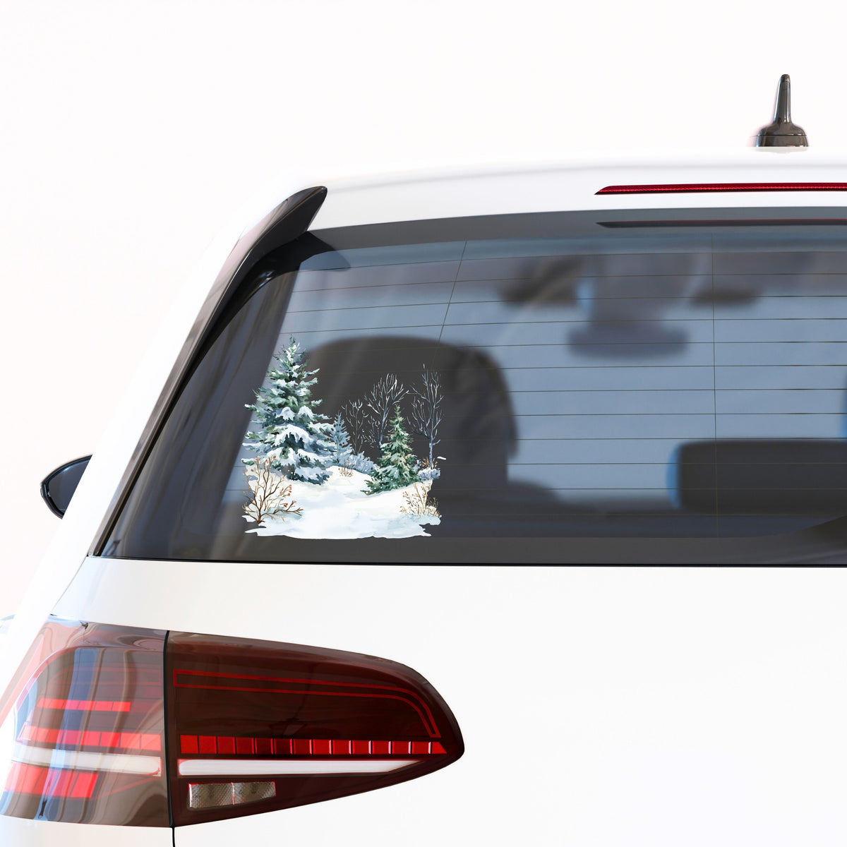 Winter Spruce Grove UV DTF sticker applied to a car window