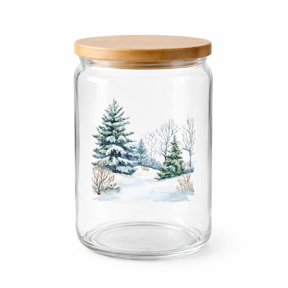 Winter Spruce Grove UV DTF sticker applied to a clear glass jar with lid