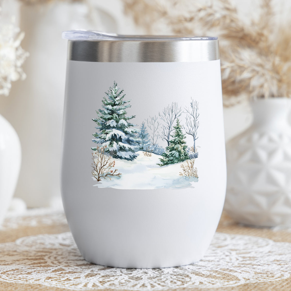 Winter Spruce Grove UV DTF sticker applied to a stemless wine glass