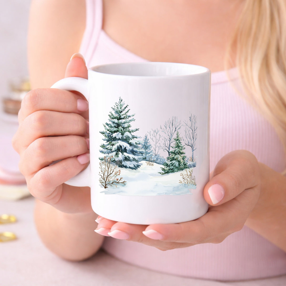 Winter Spruce Grove UV DTF sticker displayed on a white coffee mug