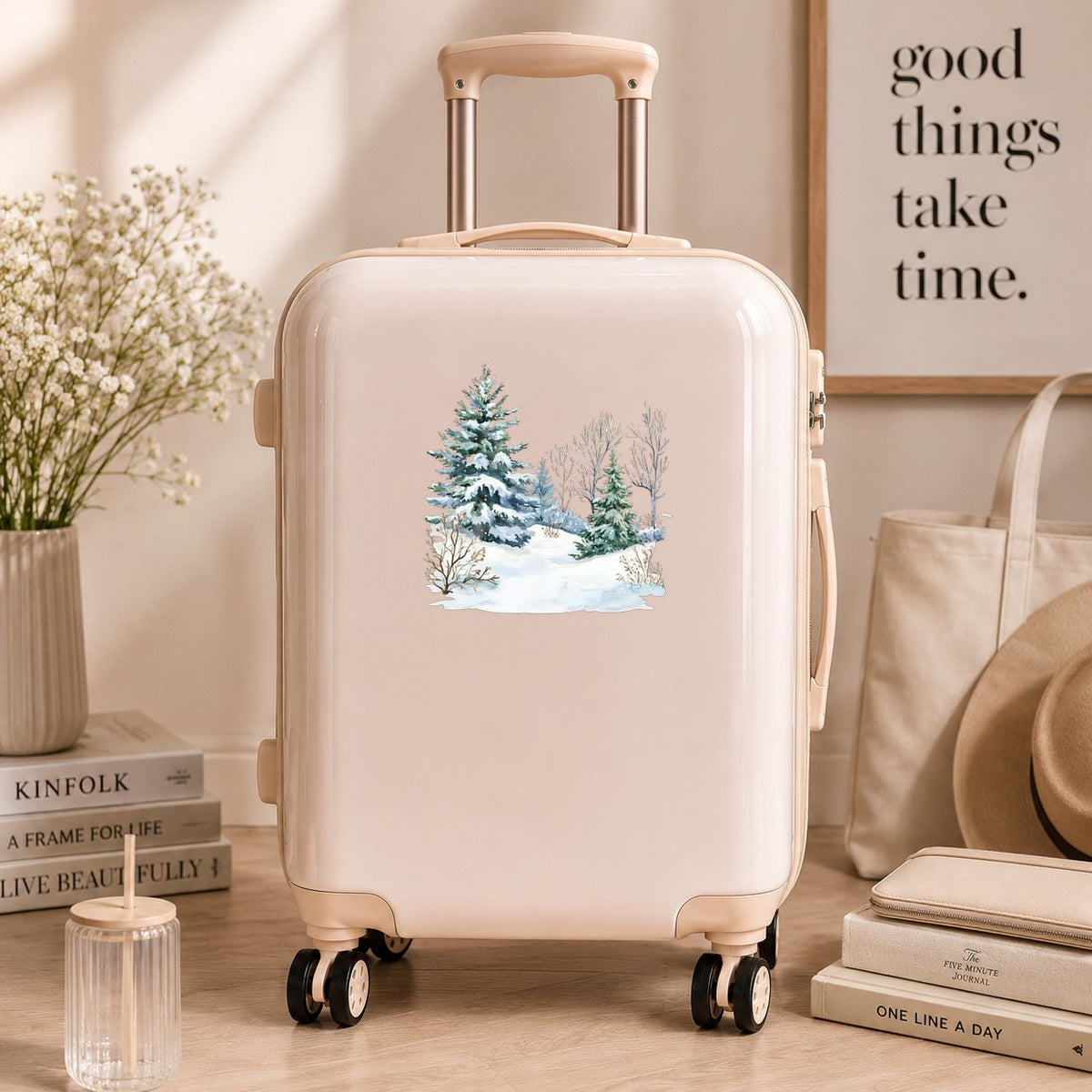 Winter Spruce Grove UV DTF sticker applied to a neutral suitcase