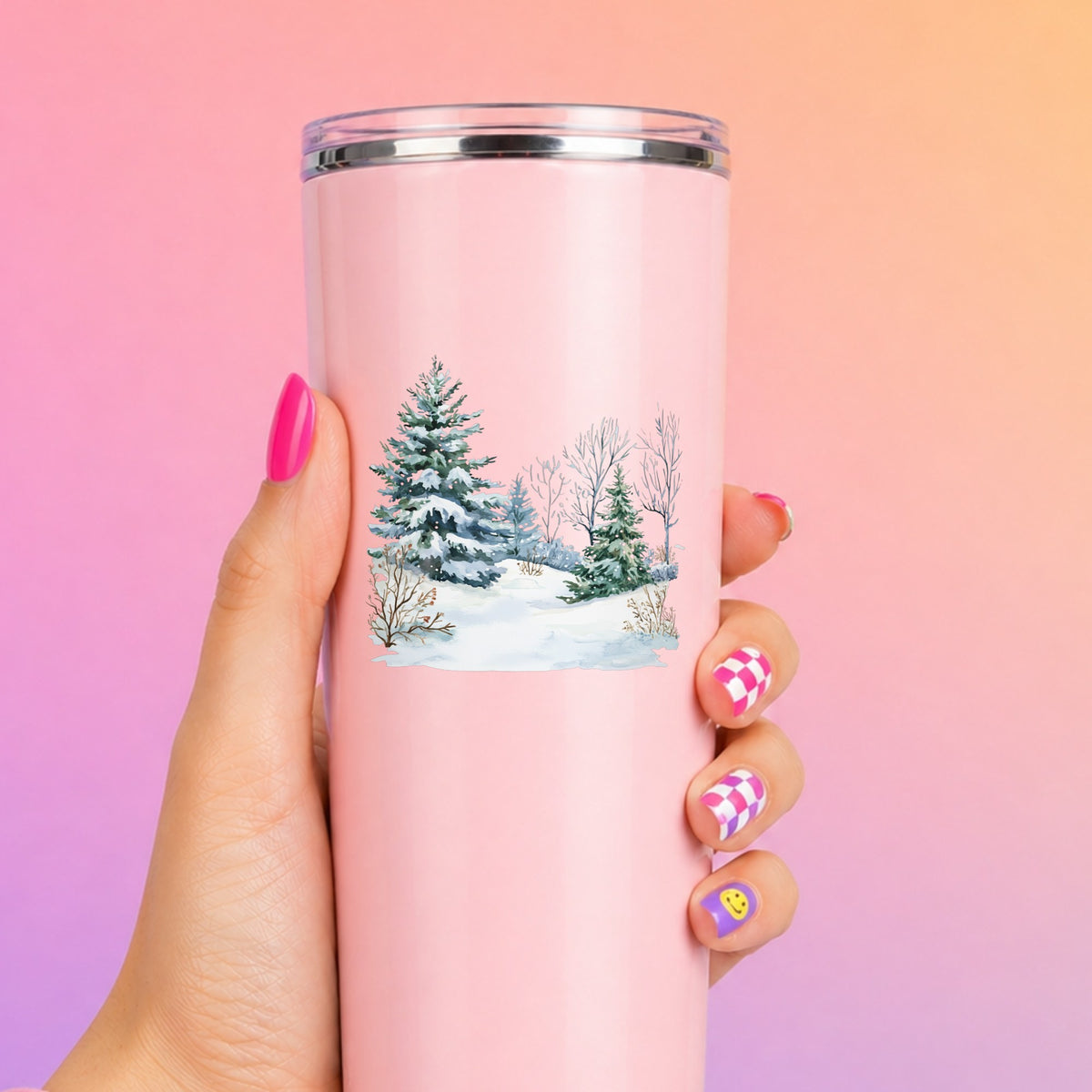 Winter Spruce Grove UV DTF sticker applied to a pink tumbler