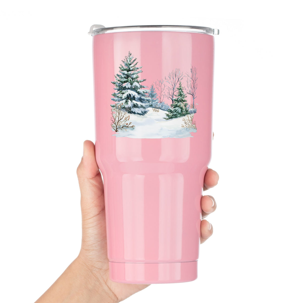 Winter Spruce Grove UV DTF sticker applied to a pink tumbler