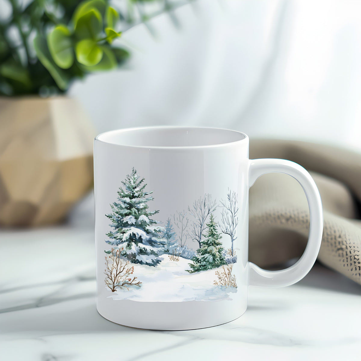 Winter Spruce Grove UV DTF sticker applied to a white coffee mug