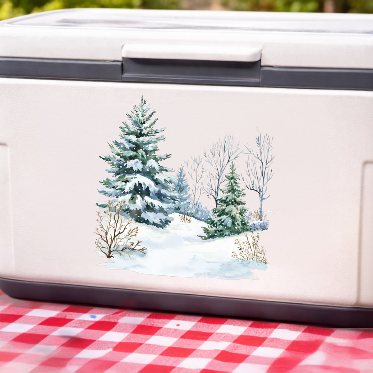 Winter Spruce Grove UV DTF sticker applied to a white cooler
