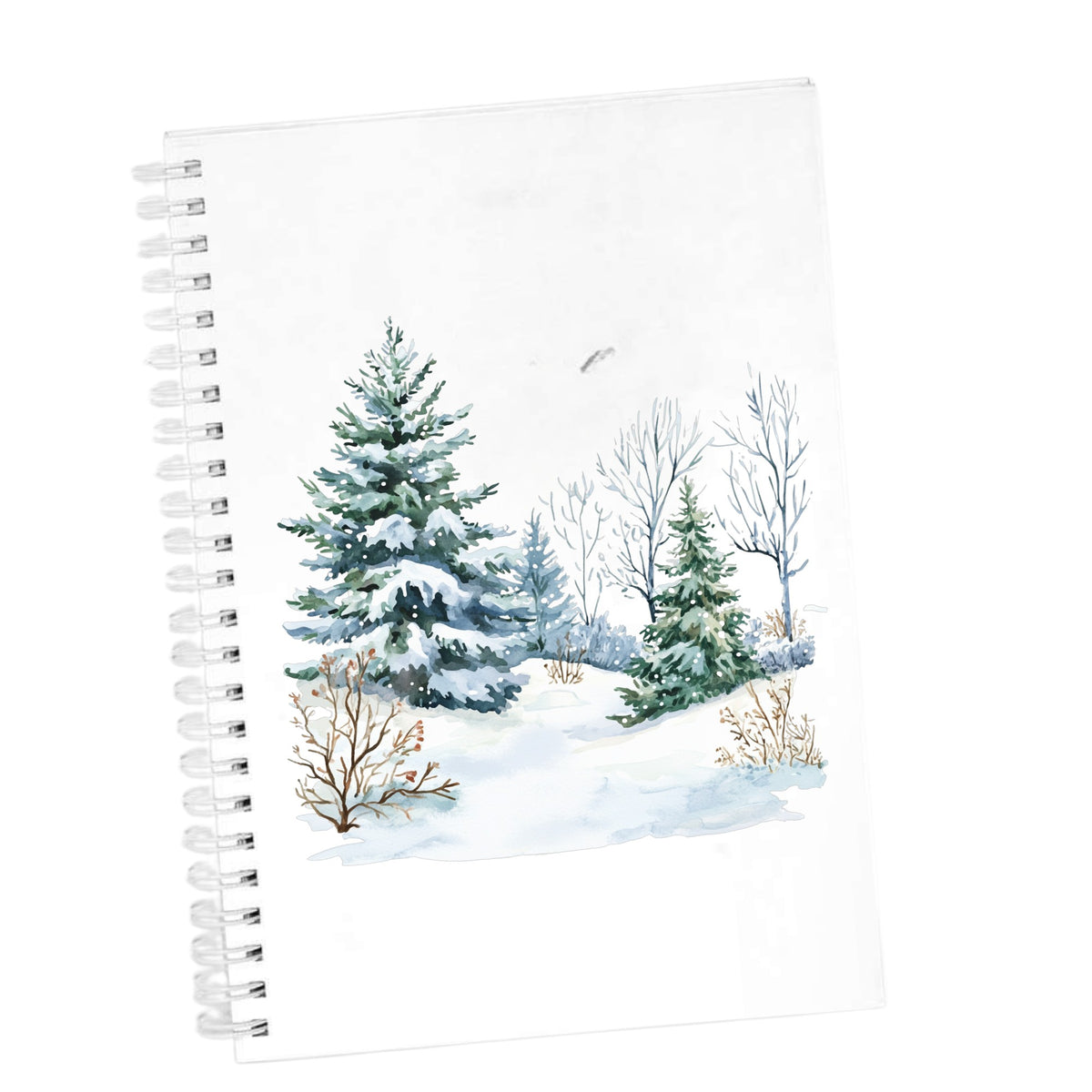 Winter Spruce Grove UV DTF sticker applied to a white journal