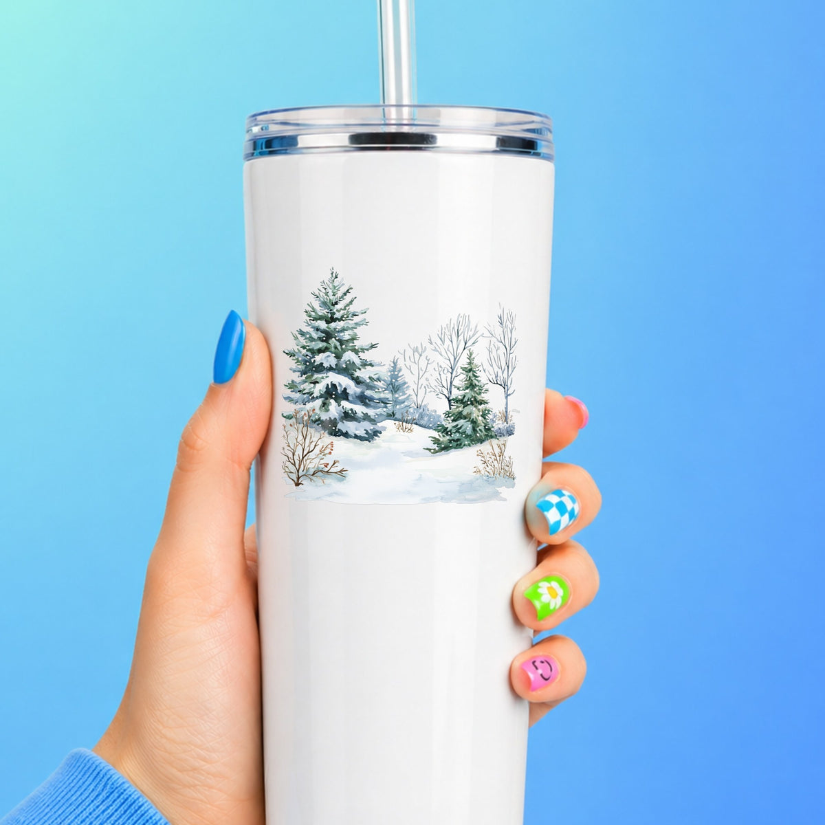 Winter Spruce Grove UV DTF sticker applied to a white tumbler