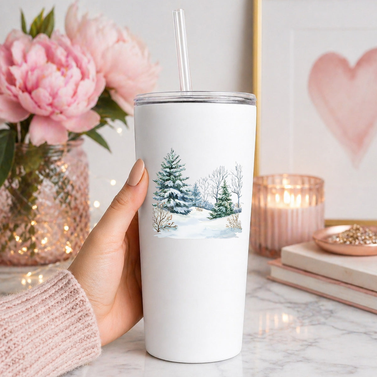 Winter Spruce Grove UV DTF sticker applied to a white tumbler