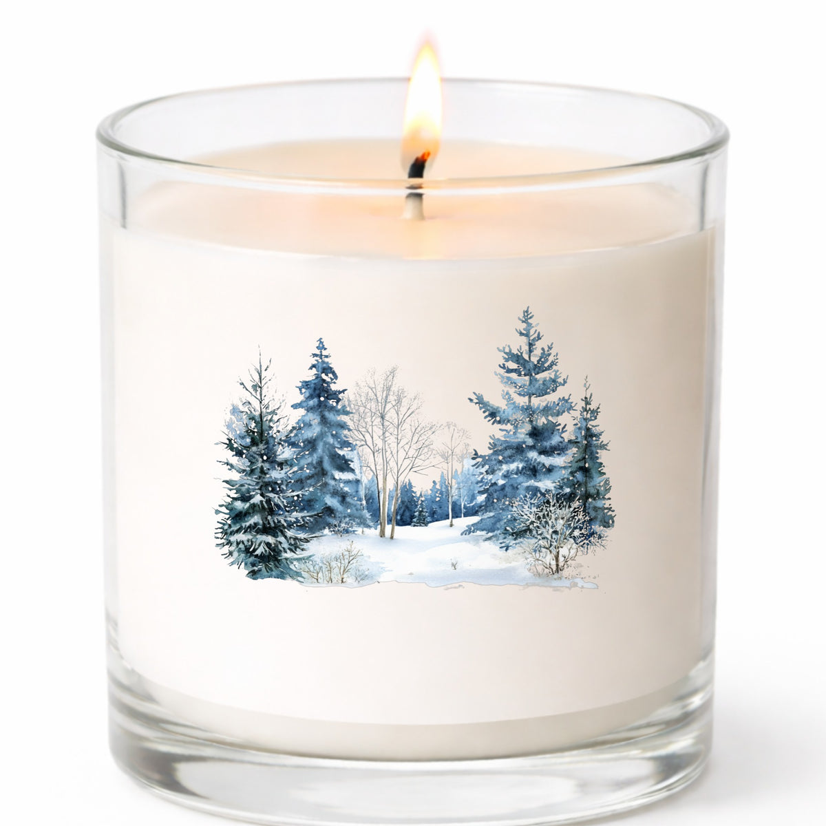 Blue Winter Pines And Birch UV DTF sticker applied to a candle jar