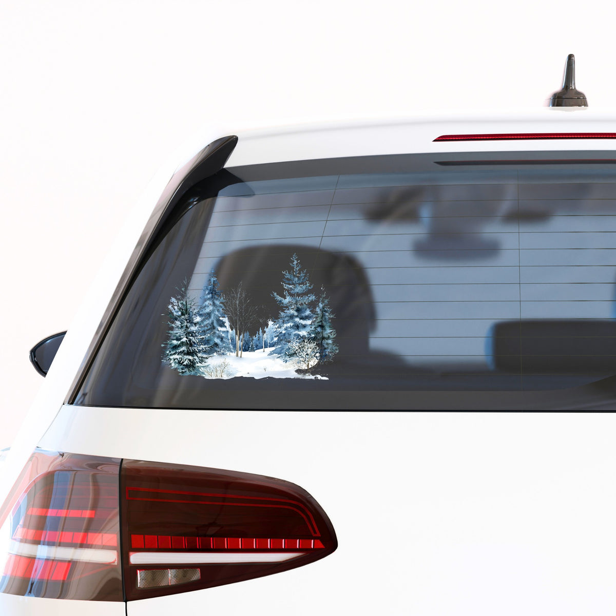 Blue Winter Pines And Birch UV DTF sticker applied to a car window
