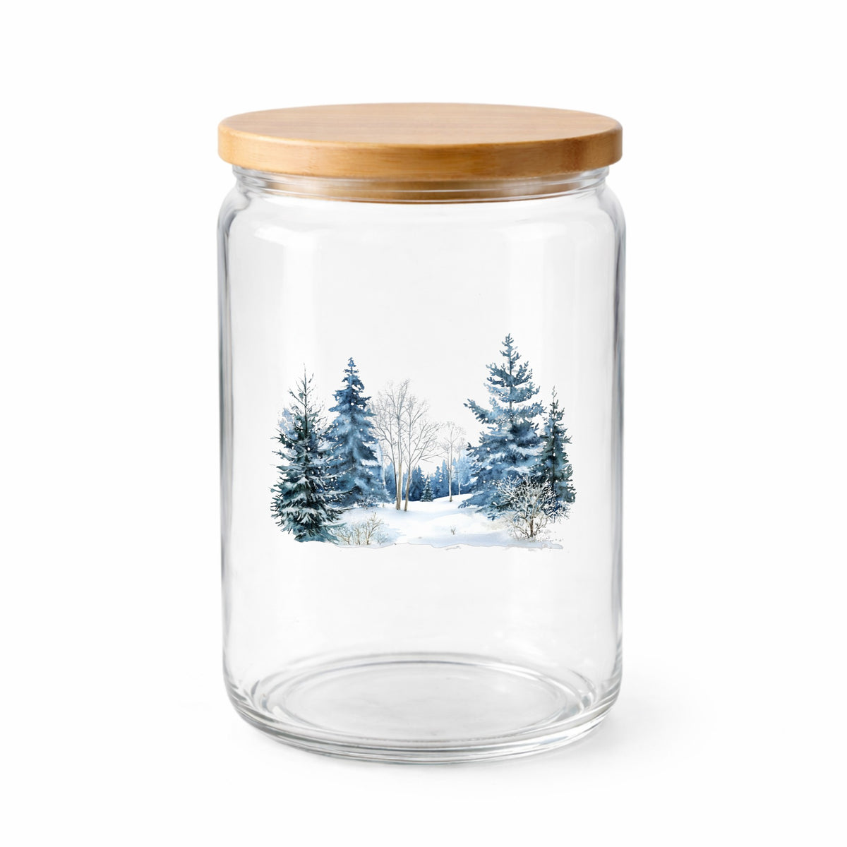 Blue Winter Pines And Birch UV DTF sticker applied to a clear glass jar with lid