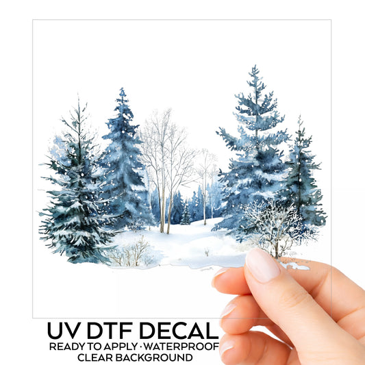 Blue Winter Pines And Birch UV DTF sticker