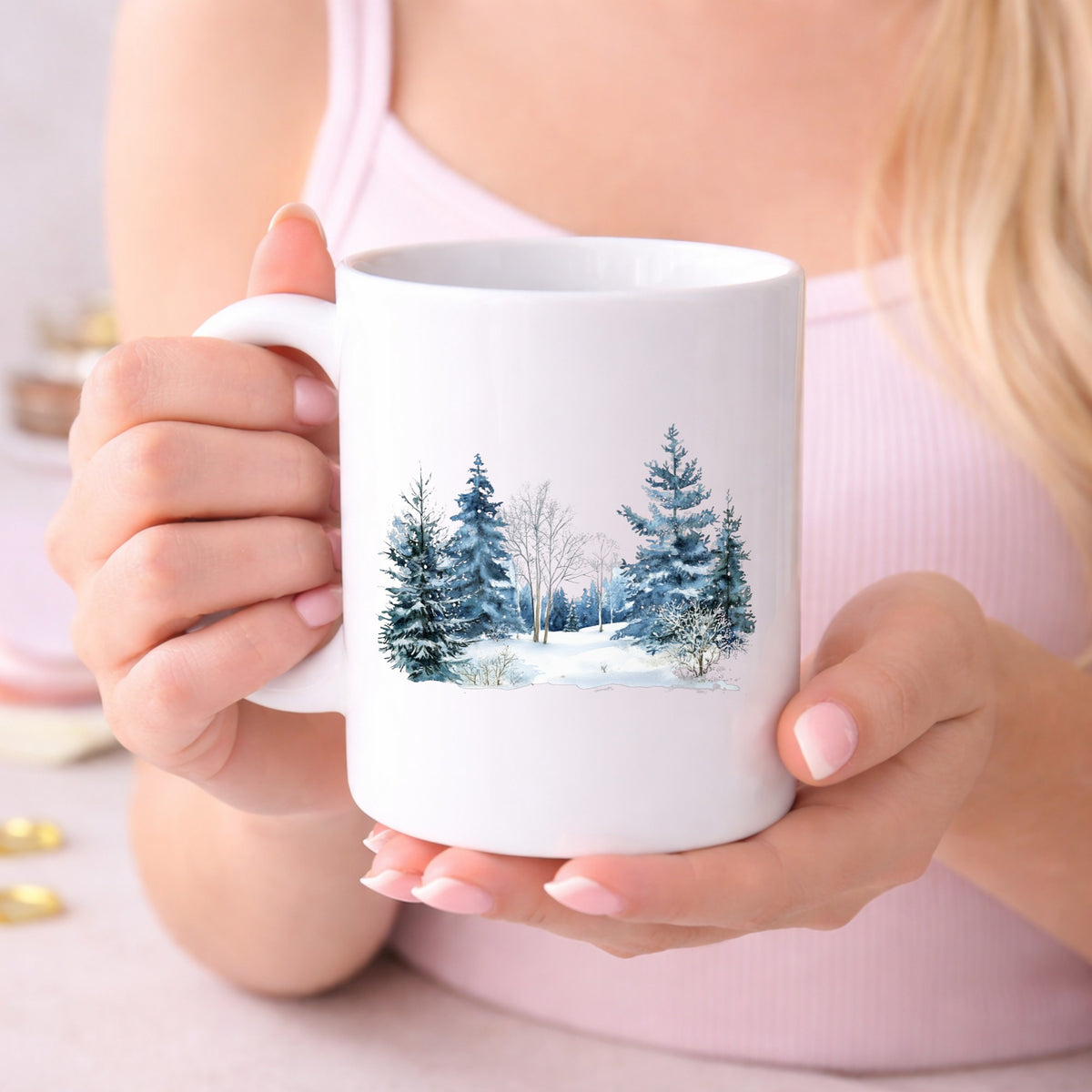 Blue Winter Pines And Birch UV DTF sticker displayed on a white coffee mug