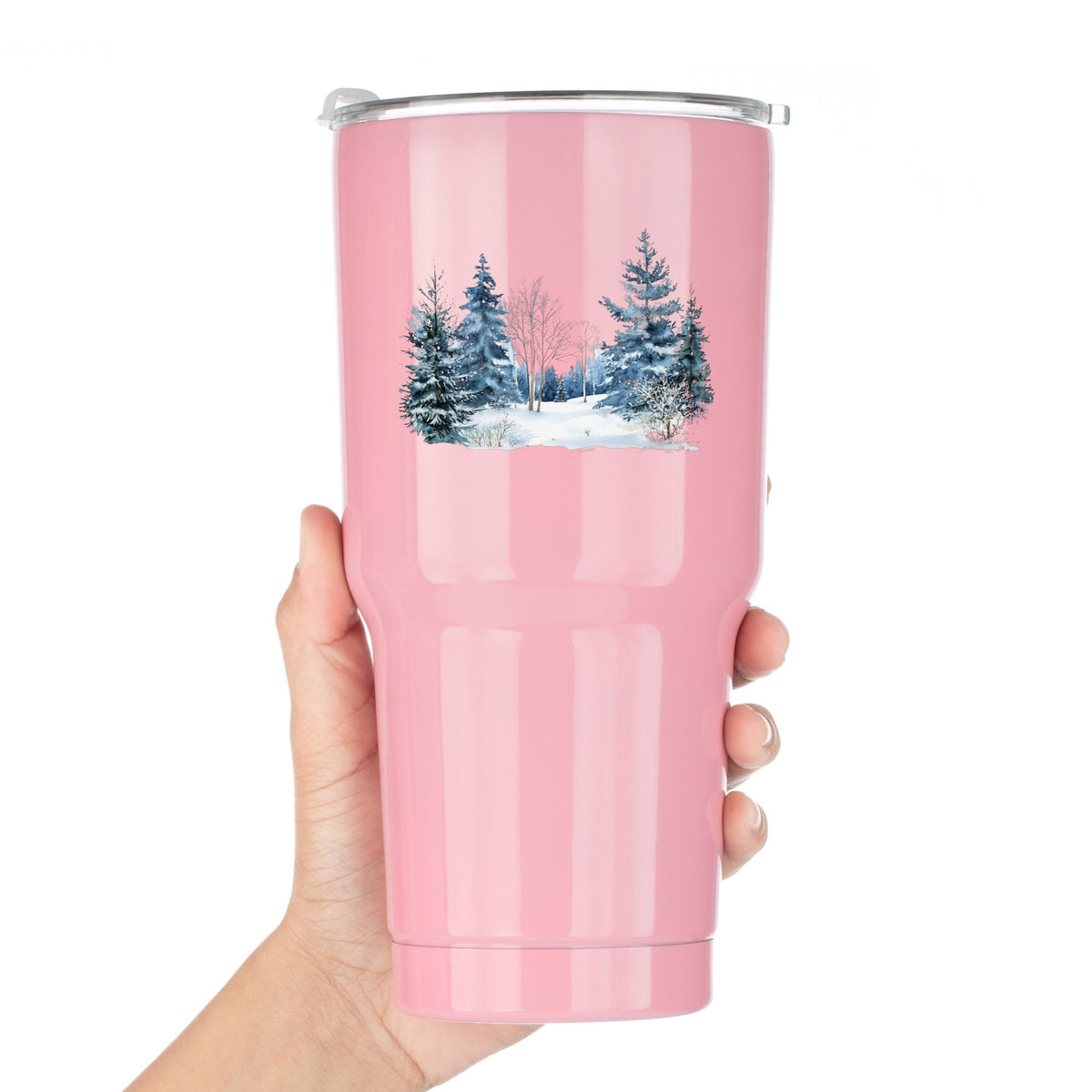 Blue Winter Pines And Birch UV DTF sticker applied to a pink tumbler