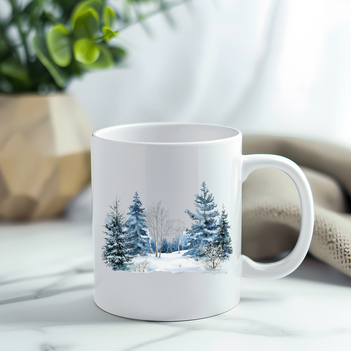 Blue Winter Pines And Birch UV DTF sticker applied to a white coffee mug