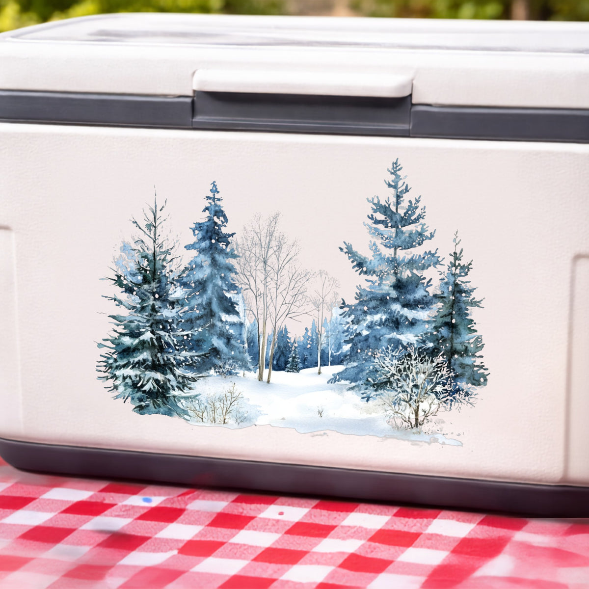 Blue Winter Pines And Birch UV DTF sticker applied to a white cooler
