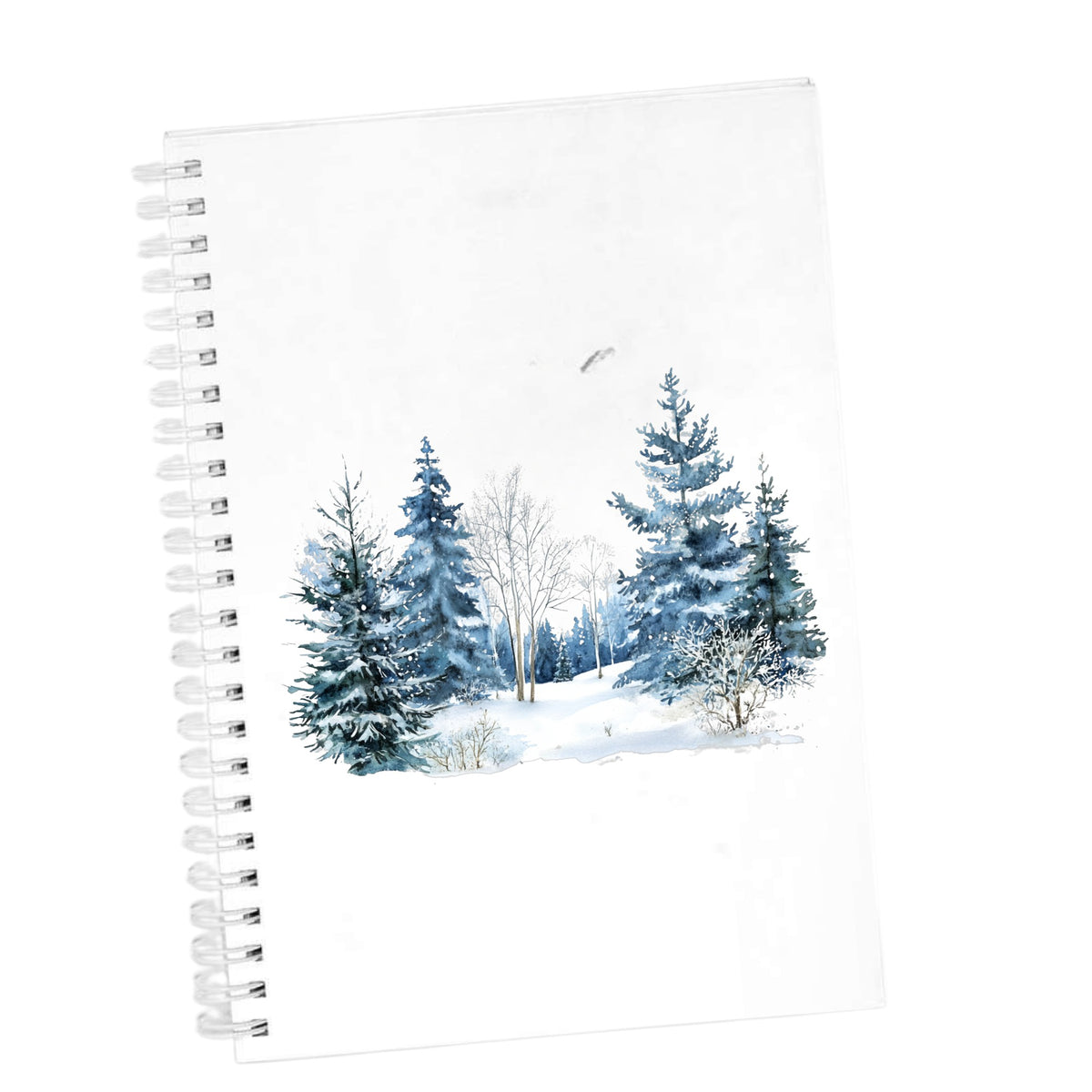 Blue Winter Pines And Birch UV DTF sticker applied to a white journal