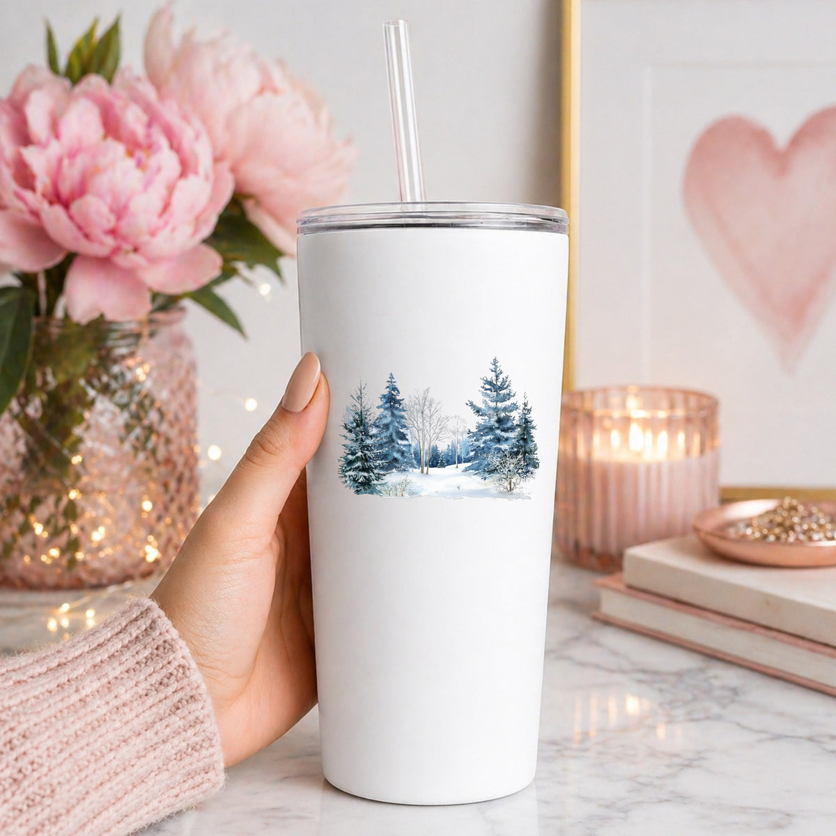 Blue Winter Pines And Birch UV DTF sticker applied to a white tumbler