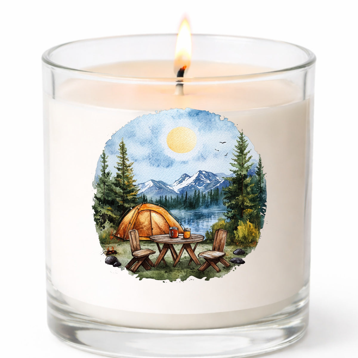 Lakeside Camp Scene UV DTF sticker applied to a candle jar