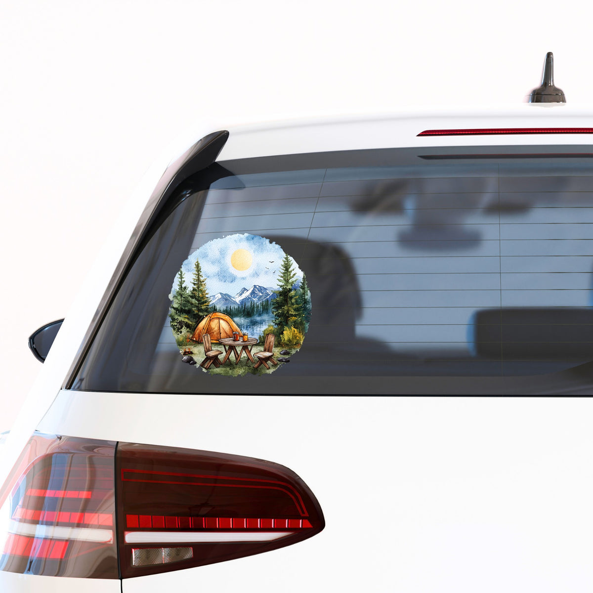 Lakeside Camp Scene UV DTF sticker applied to a car window