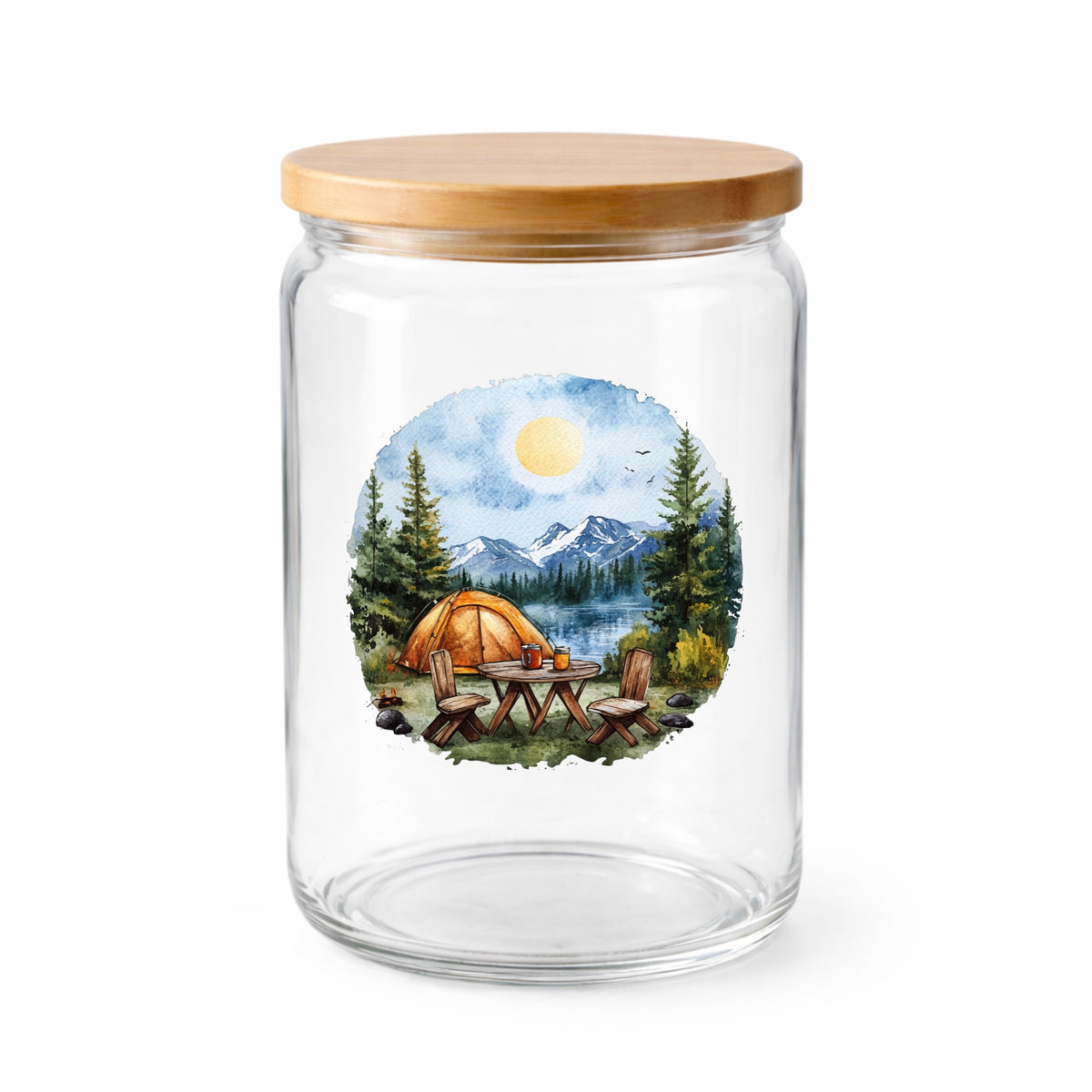 Lakeside Camp Scene UV DTF sticker applied to a clear glass jar with lid